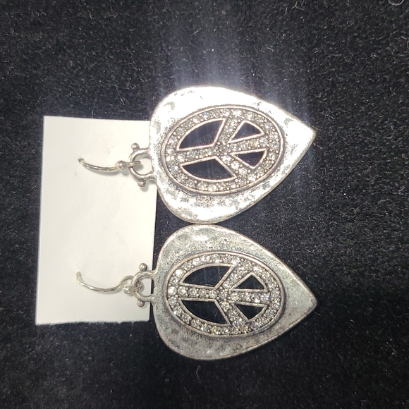 Lucky Brand Jewelry - Lucky Brand Peace Sign Heart Earrings Antique Silver Tone Swarovski Crystals Fun